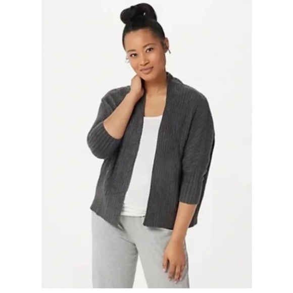 Barefoot Dreams CozyChic Lite Ribbed Shrug Cardigan Dolman Open Front Brown Gray - Picture 1 of 10